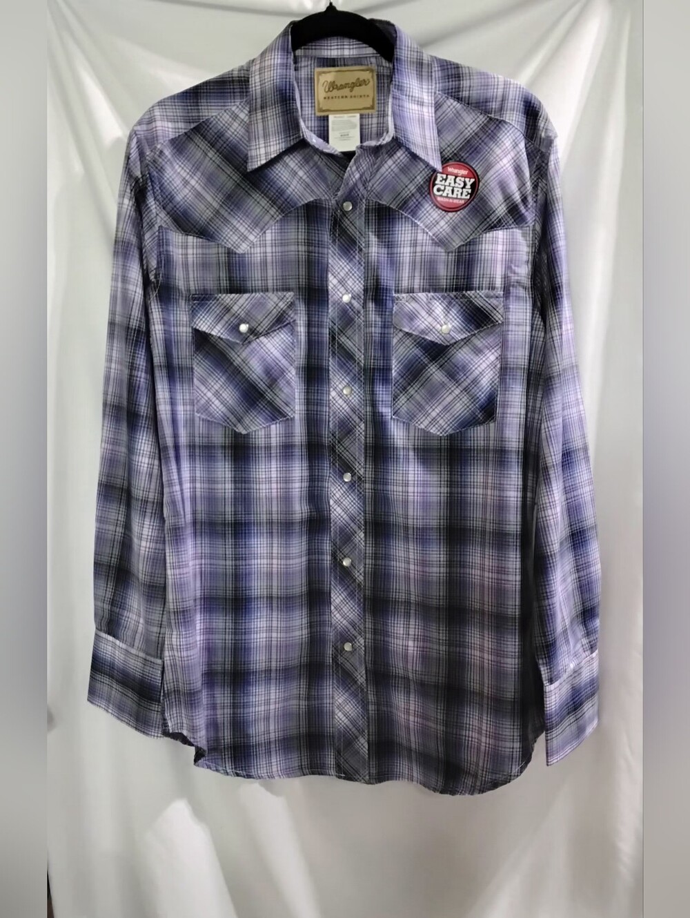 Wrangler Western Wear Plaid Shirt Long Sleeve Pearl Snap Purple Blue Mens Size M